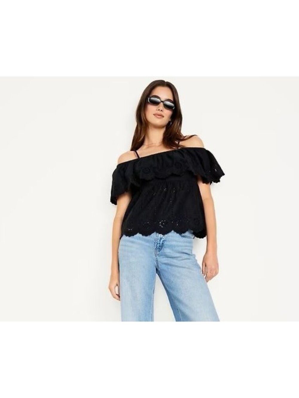Old Navy Black Ruffle Eyelet Lace Boho Gypsy Off Shoulder Top Women L